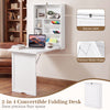 Wall-mounted fold-out convertible desk in white with ample storage and a wide tabletop for space-saving convenience.
