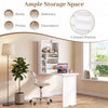 Wall-mounted fold-out convertible floating desk in white with ample storage space for laptops and decorations.