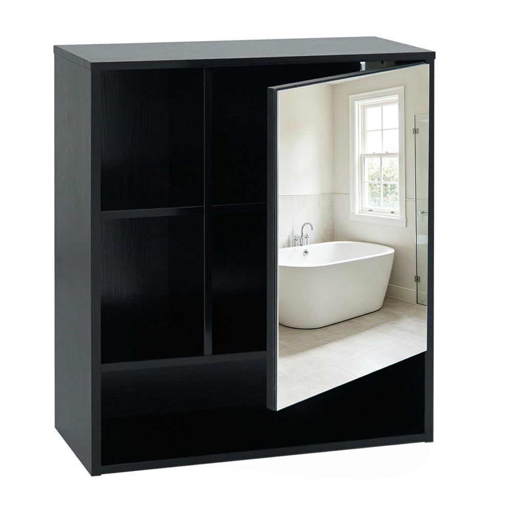 Elegant wall-mounted mirror cabinet in black, showcasing a spacious countertop and a clear mirror for daily routines.