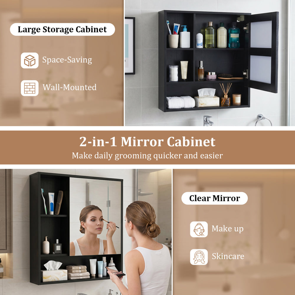 Wall-mounted mirror cabinet in black with 2 hidden shelves and 3 open compartments for organized bathroom essentials.