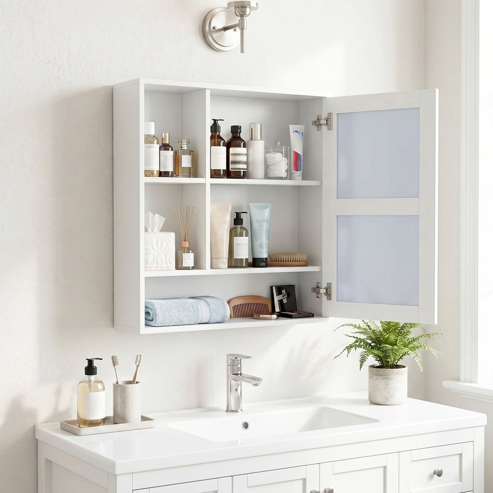 Wall-Mounted Mirror Cabinet with 2 Hidden Shelves and 3 Open Compartments-White - Gallery View 1 of 10