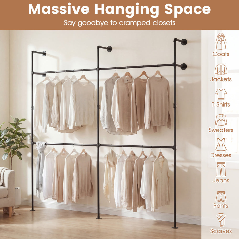 Wall-mounted pipe clothing rack with 4 hanging rods in black, offering double-tier design for organized storage of.