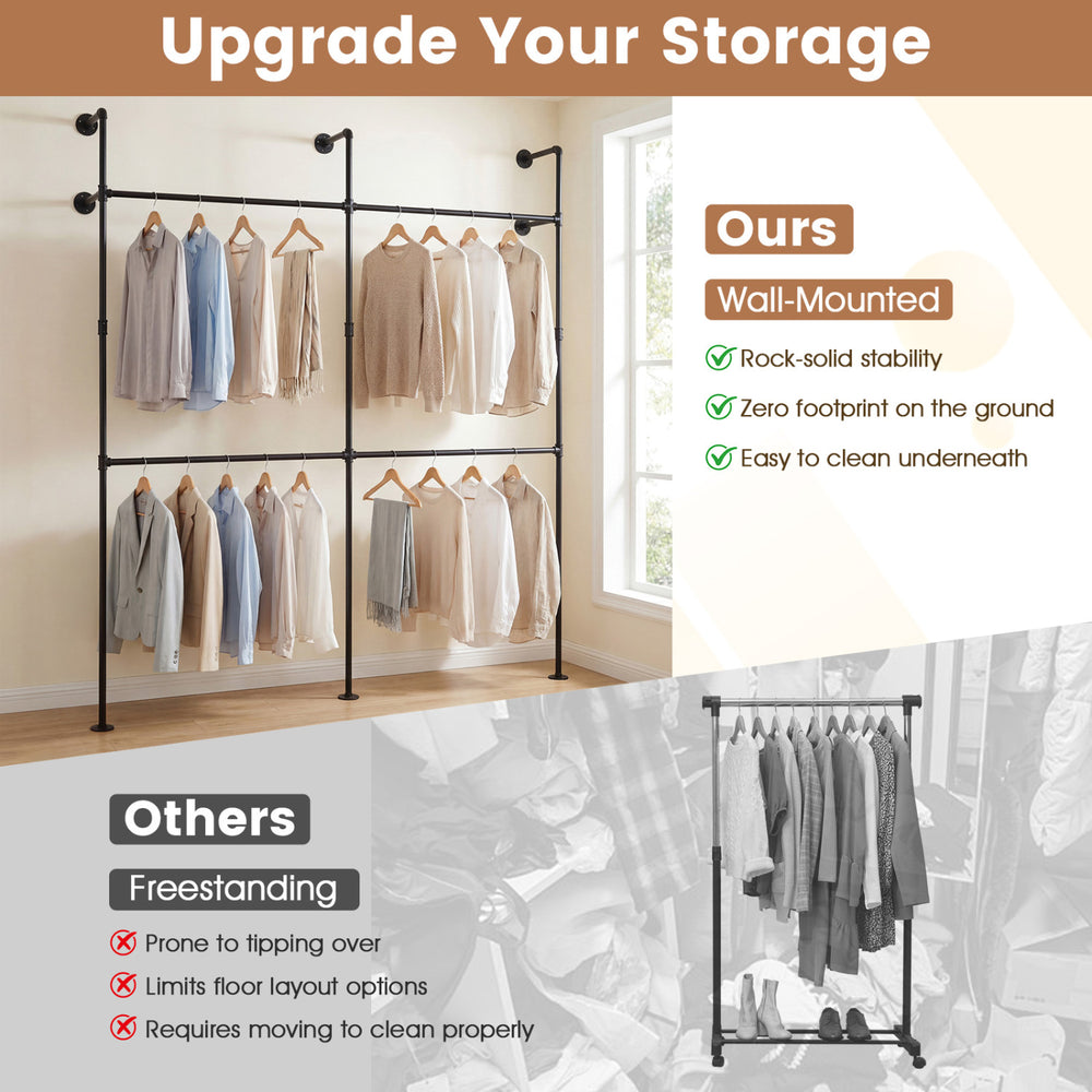 Wall-mounted pipe clothing rack in black with 4 hanging rods, designed for organized storage and easy cleaning.