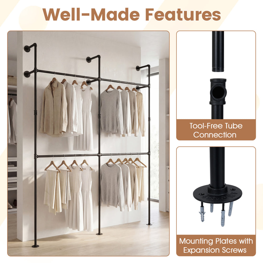 Wall-mounted black clothing rack with four hanging rods, featuring tool-free connections and durable SPCC pipes for.
