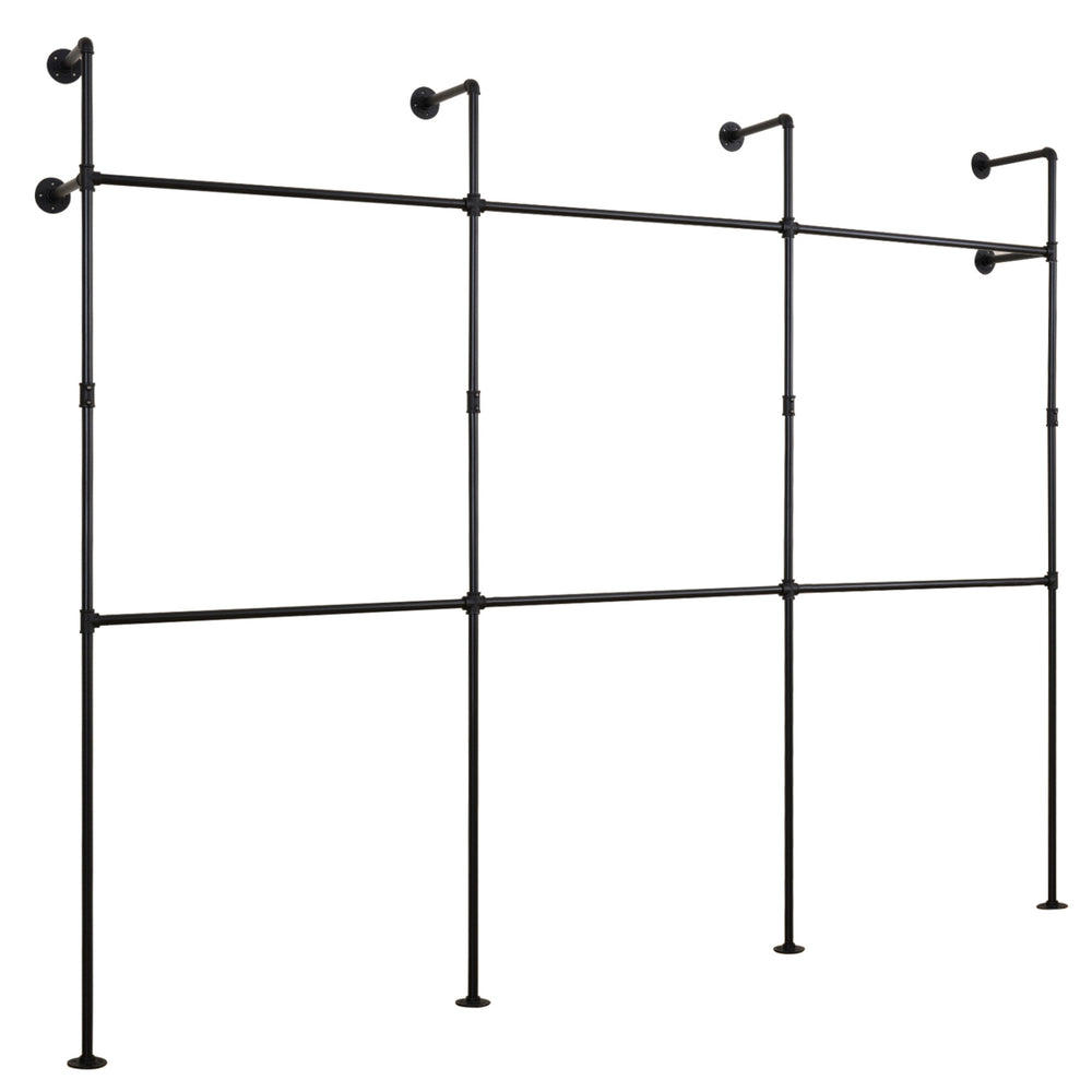 Wall-mounted black pipe clothing rack with 6 hanging rods, designed for durable organization in closets or retail.