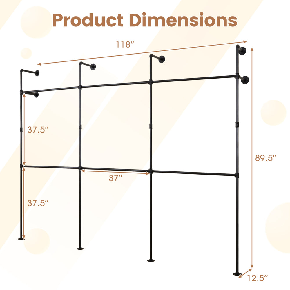 Wall-mounted pipe clothing rack dimensions showing 118" width, 89.5" height, and 12.5" depth for space-saving.