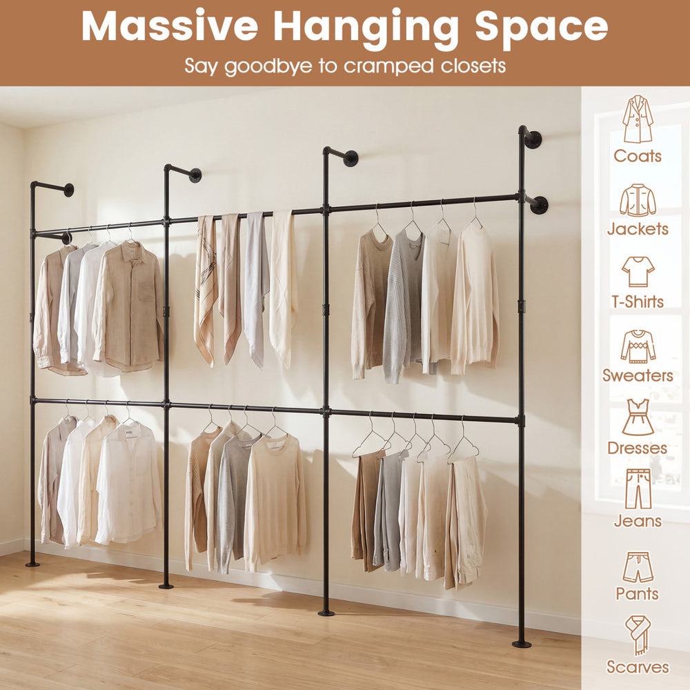 Wall-mounted black clothing rack with 6 hanging rods, designed for coats and dresses, maximizing closet space.