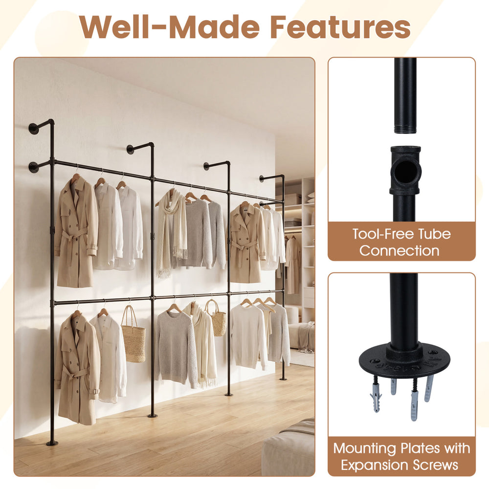 Wall-mounted black clothing rack with 6 hanging rods, featuring tool-free connections and durable SPCC pipes for.