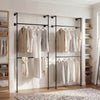 Wall-mounted black clothing rack with two hanging rods, featuring a double-tier design for organized storage.