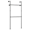 Wall-mounted black clothing rack with two hanging rods, designed for durable organization in closets or retail displays.