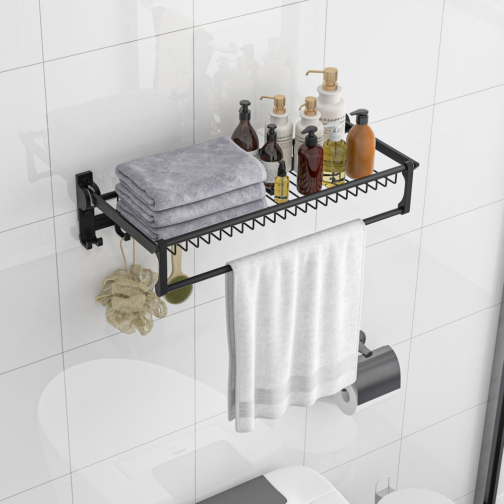 Wall mounted towel shelf in black with adjustable towel bar, hooks, and top storage for bathroom organization.