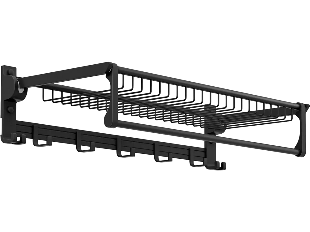 Wall Mounted Towel Shelf with Adjustable Towel Bar and Movable Hooks No Assembly Required
