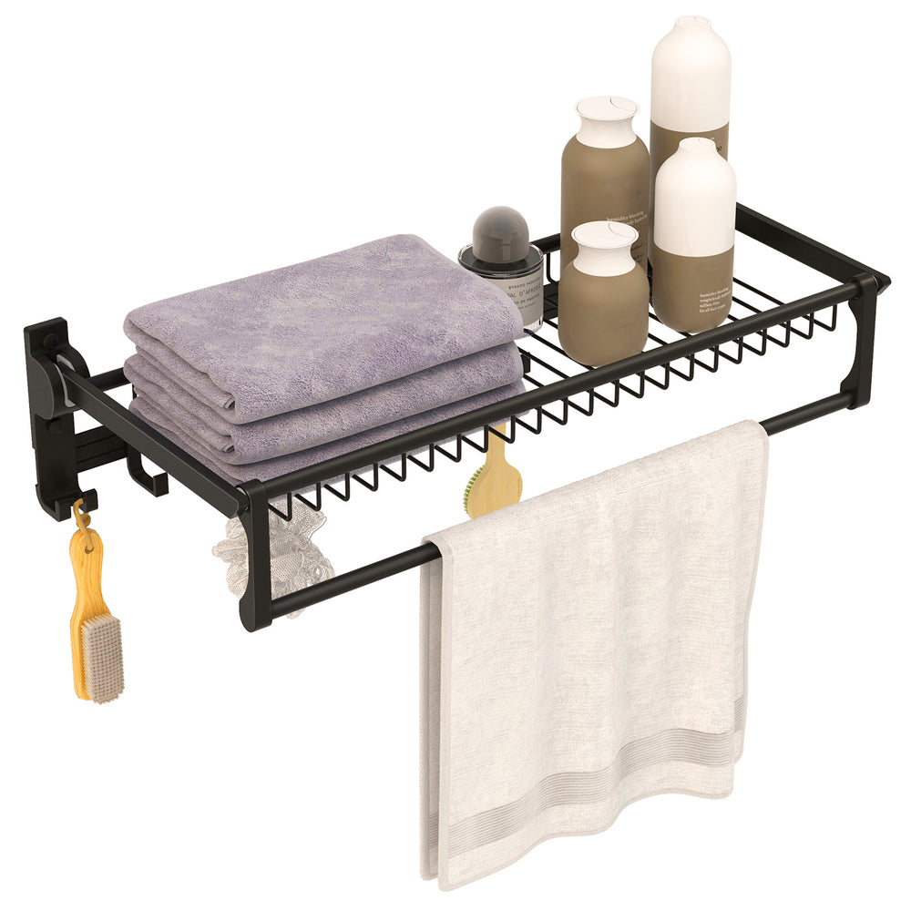 Wall mounted towel shelf showcasing a top storage basket and multiple hooks, designed for easy organization in.