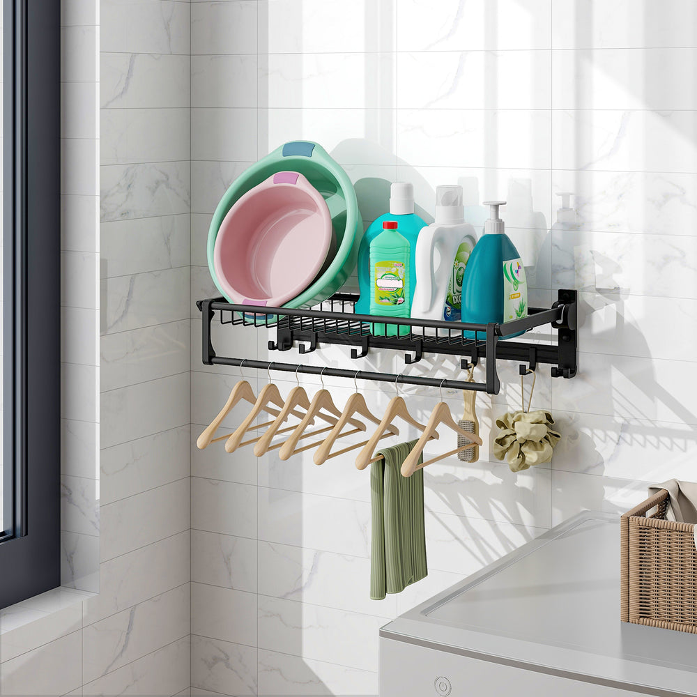 Wall mounted towel shelf with adjustable towel bar, featuring storage basket, hooks, and a sleek black finish for.