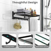 Wall mounted towel shelf in black with adjustable towel bar and movable hooks, perfect for bathroom storage.