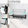 Wall mounted towel shelf in space aluminum with adjustable towel bar and movable hooks, perfect for bathroom.