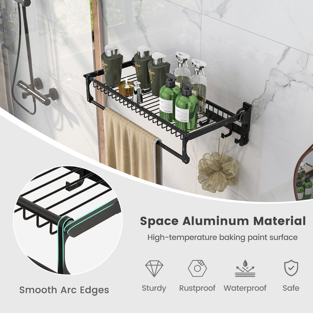 Wall mounted towel shelf in space aluminum with adjustable towel bar, hooks, and waterproof surface for bathroom.