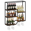 Wall mounted wine rack with rustic brown shelves, featuring 6 tiers for bottles and 4 racks for 16 wine glasses.