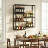 6-tier wall-mounted wine rack in rustic brown, featuring bottle display shelves and glass holder for home bars.