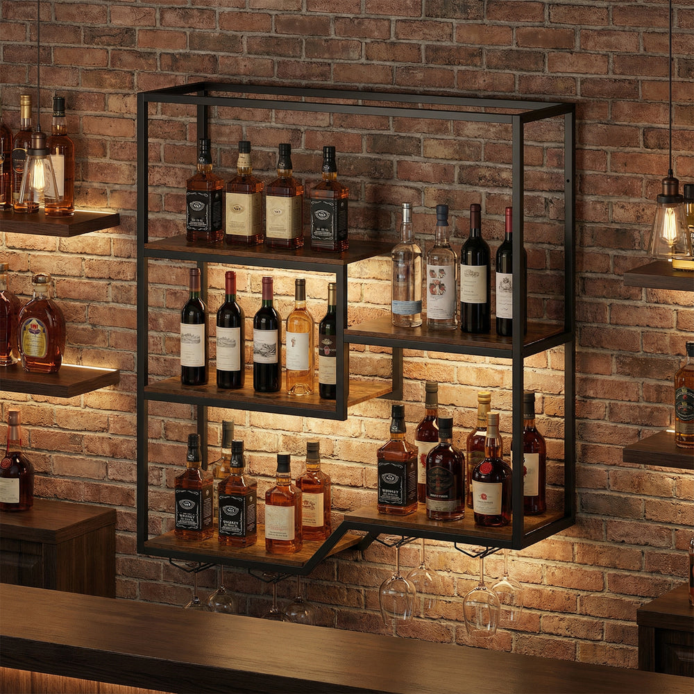 Wall-mounted 6-tier wine rack in rustic brown with metal frame, displaying bottles and holding up to 16 wine glasses.