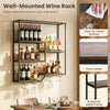 Wall-mounted wine rack in rustic brown with 6 shelves, glass holder, and rustproof metal frame for home bar use.