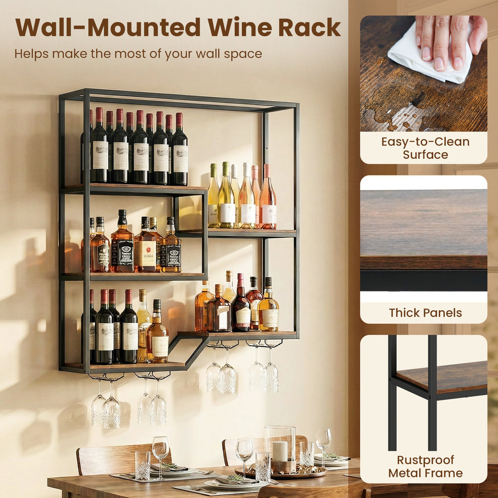 Wall-mounted wine rack in rustic brown with 6 shelves, glass holder, and rustproof metal frame for home bar use.