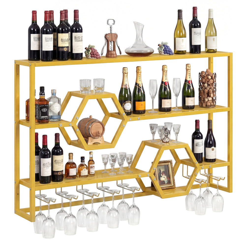 Wall-mounted wine rack with gold finish, featuring 3 shelves and honeycomb cubbies for stylish storage and display.