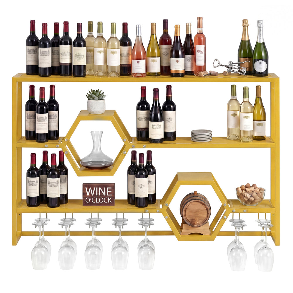 Large wall-mounted wine rack in gold with three shelves, honeycomb cubbies, and glass holder for stylish storage.