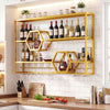 Gold wall-mounted wine rack with three shelves and two honeycomb cubbies for stylish storage and organization.