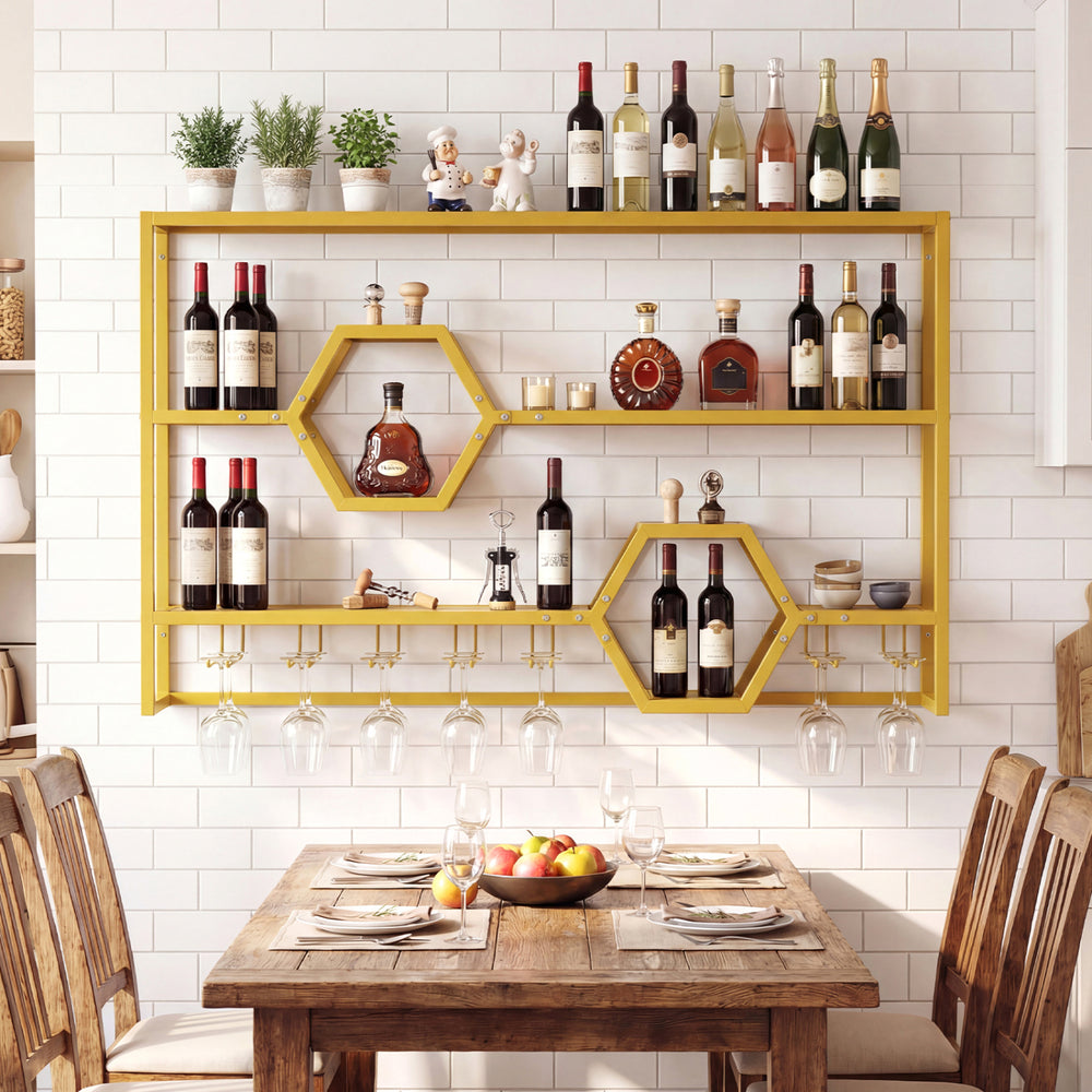 Wall Mounted Wine Rack 47" Large Floating Bar Shelves-Gold - Gallery View 1 of 9