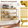 Wall-mounted wine rack in gold with three shelves and two honeycomb cubbies for stylish storage and organization.