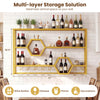 Wall-mounted wine rack in gold with 3 shelves and honeycomb cubbies for stylish storage of wine bottles and glasses.