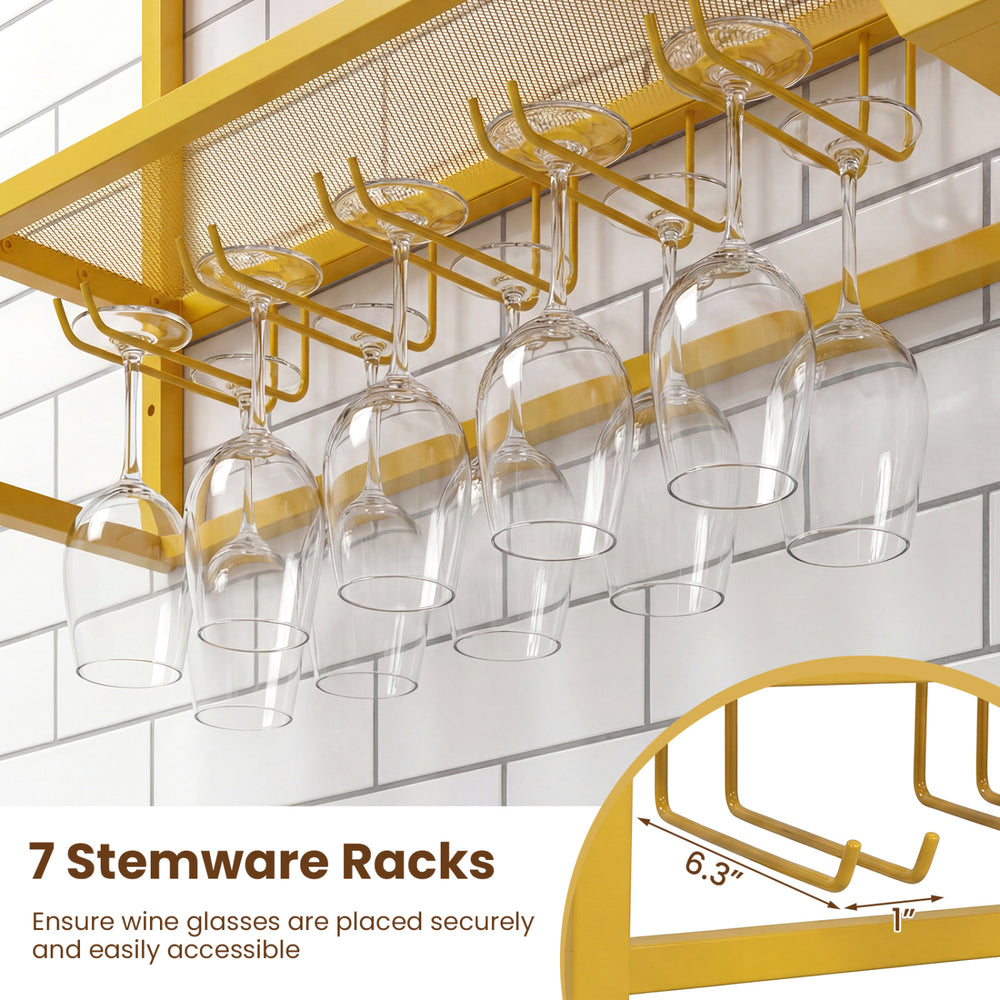 Wall-mounted wine rack with 7 stemware racks in gold, designed for easy access and stylish storage of wine glasses.