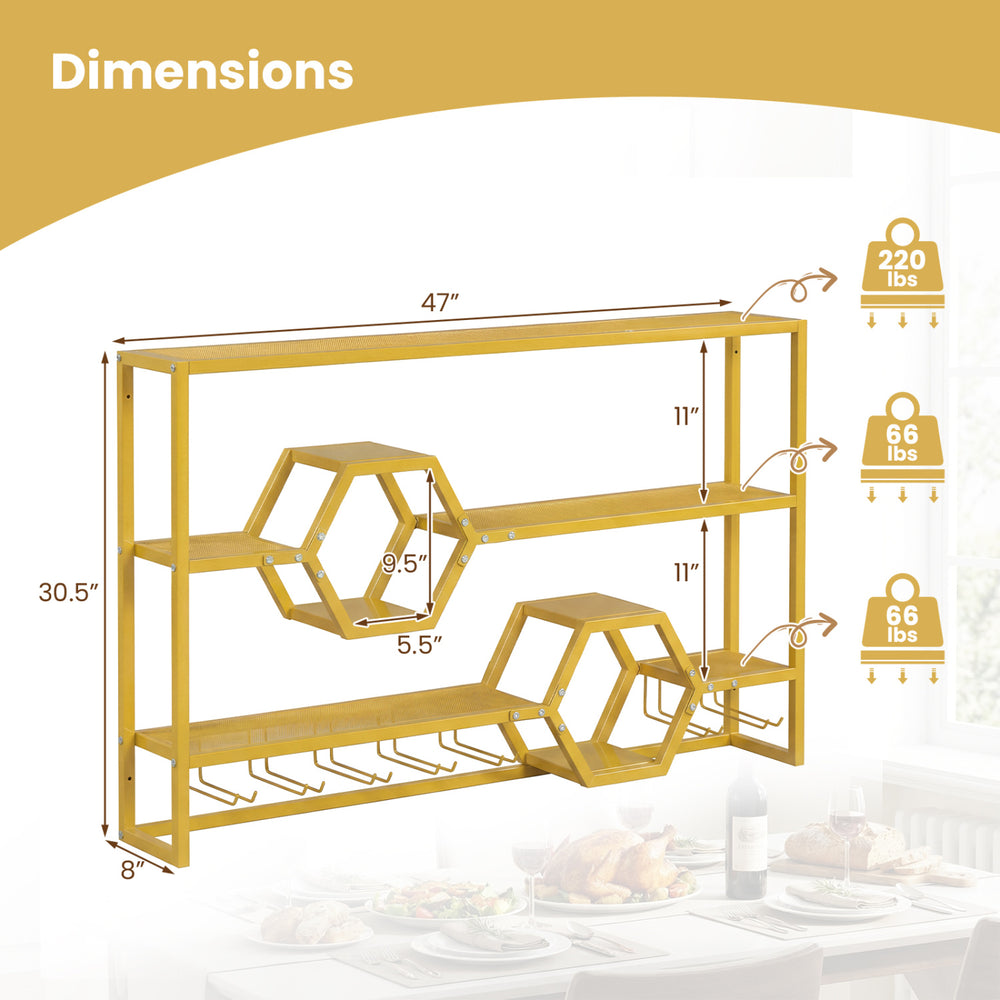 Dimensions of the gold wall-mounted wine rack with three shelves and two honeycomb cubbies for stylish storage.