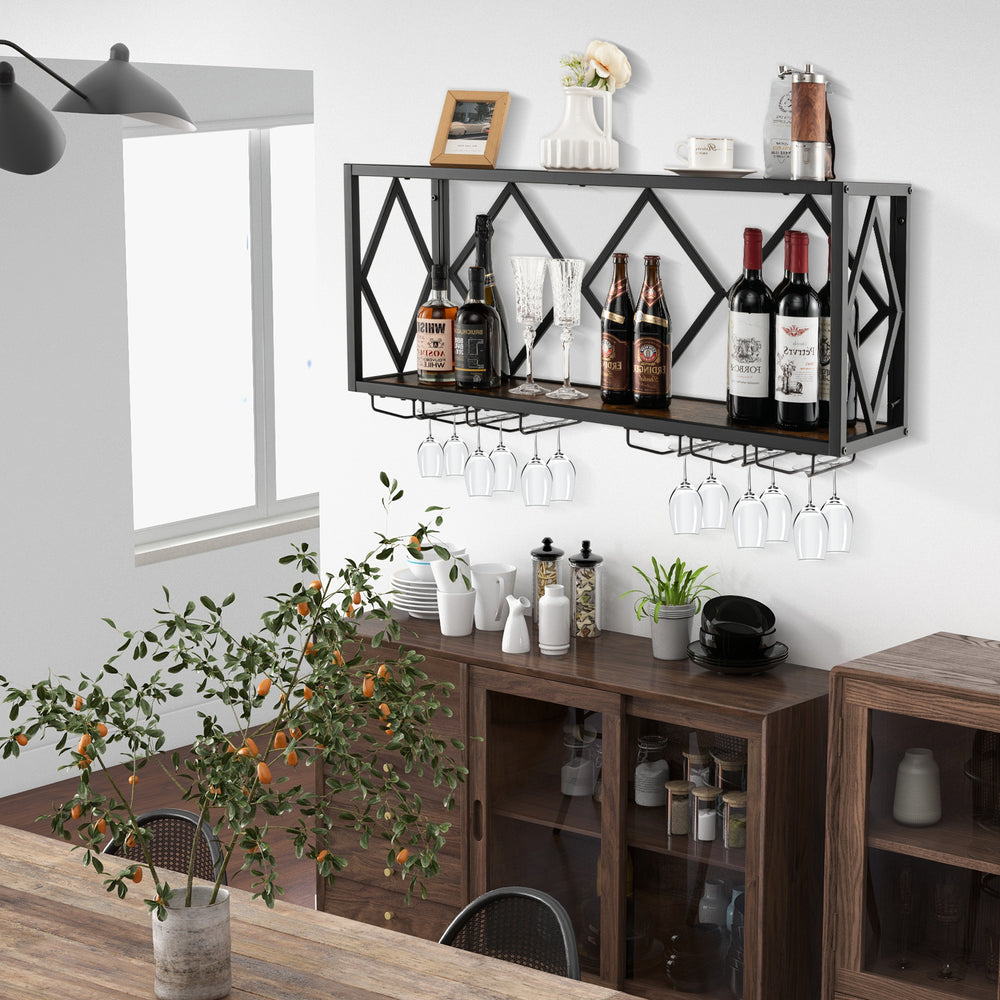 Wall-mounted wine rack displaying 39 bottles and 12 glasses, featuring a black metal frame and wood grain for kitchen.