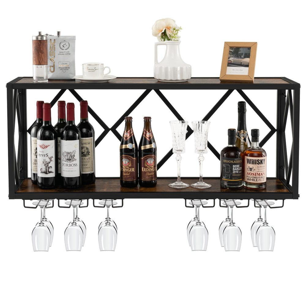 Wall mounted wine rack for 39 bottles and 12 glasses, featuring a black metal frame and wood grain finish, ideal for.