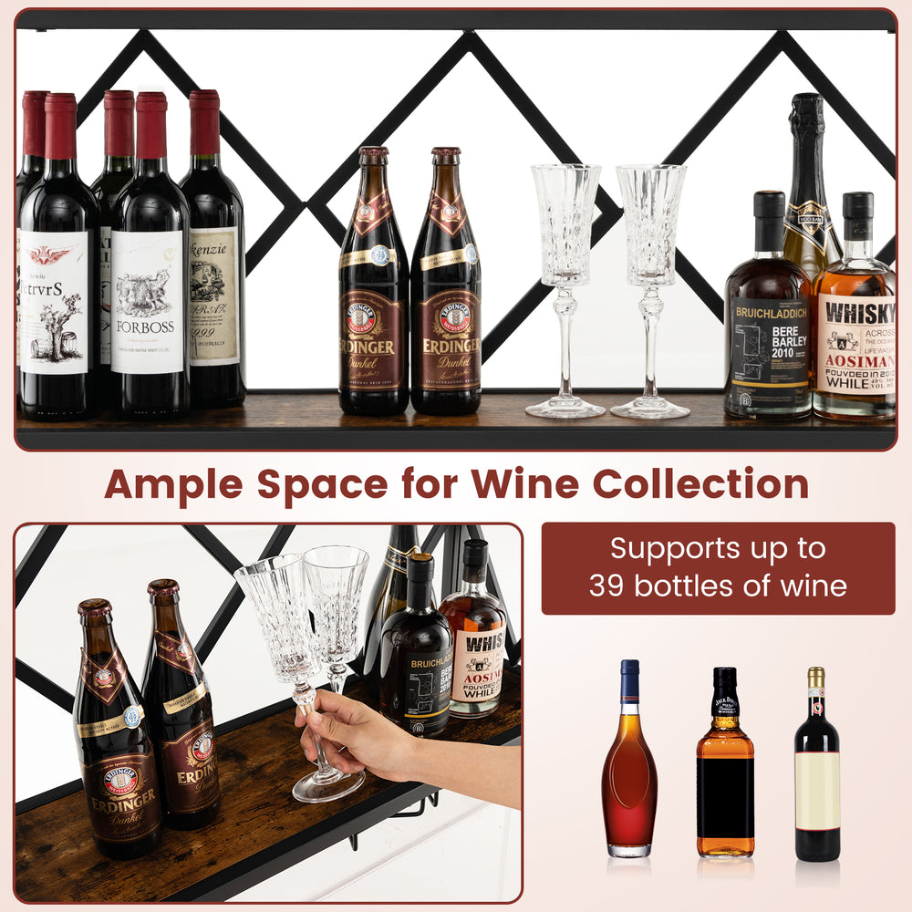 Hand holding a crystal glass near the wall-mounted wine rack, designed for 39 bottles and 12 glasses, showcasing.