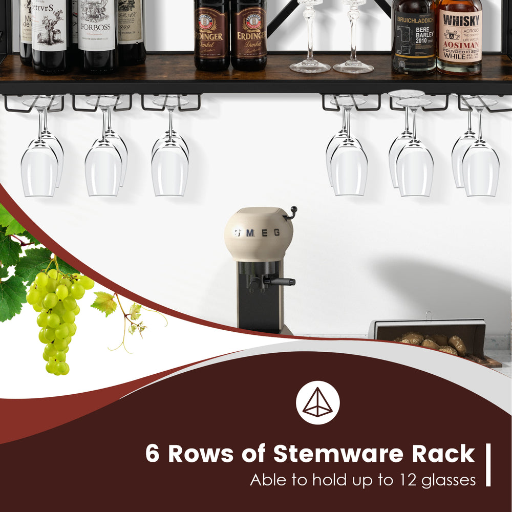 Wall-mounted wine rack with 6 rows for 12 glasses and space for 39 bottles, featuring a durable metal frame and wood.