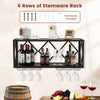 Wall-mounted wine rack displaying 39 bottles and 12 glasses, featuring a durable metal frame and elegant wood grain.