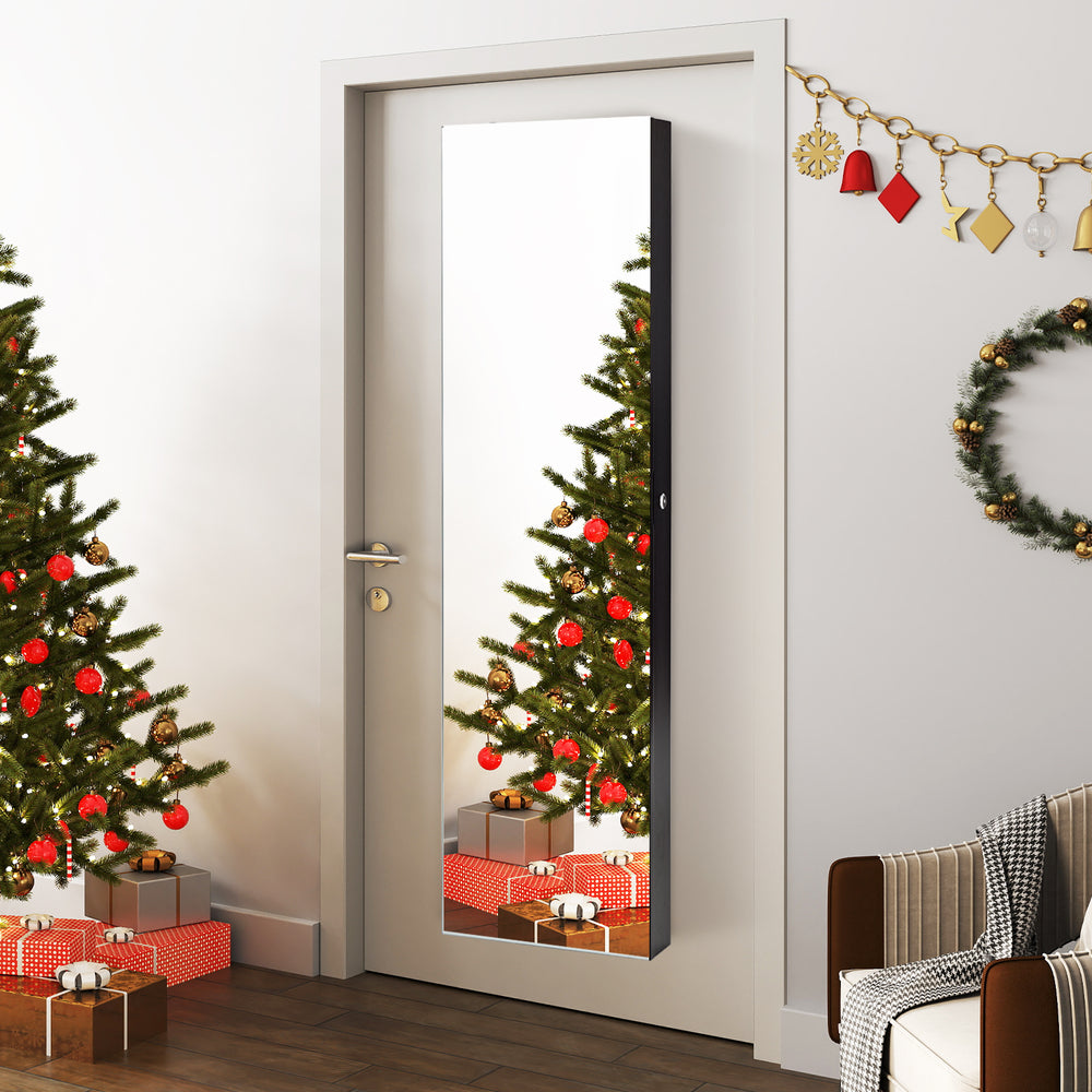 Full-length mirror jewelry cabinet in black, featuring LED lights and spacious storage for jewelry, mounted on a door.