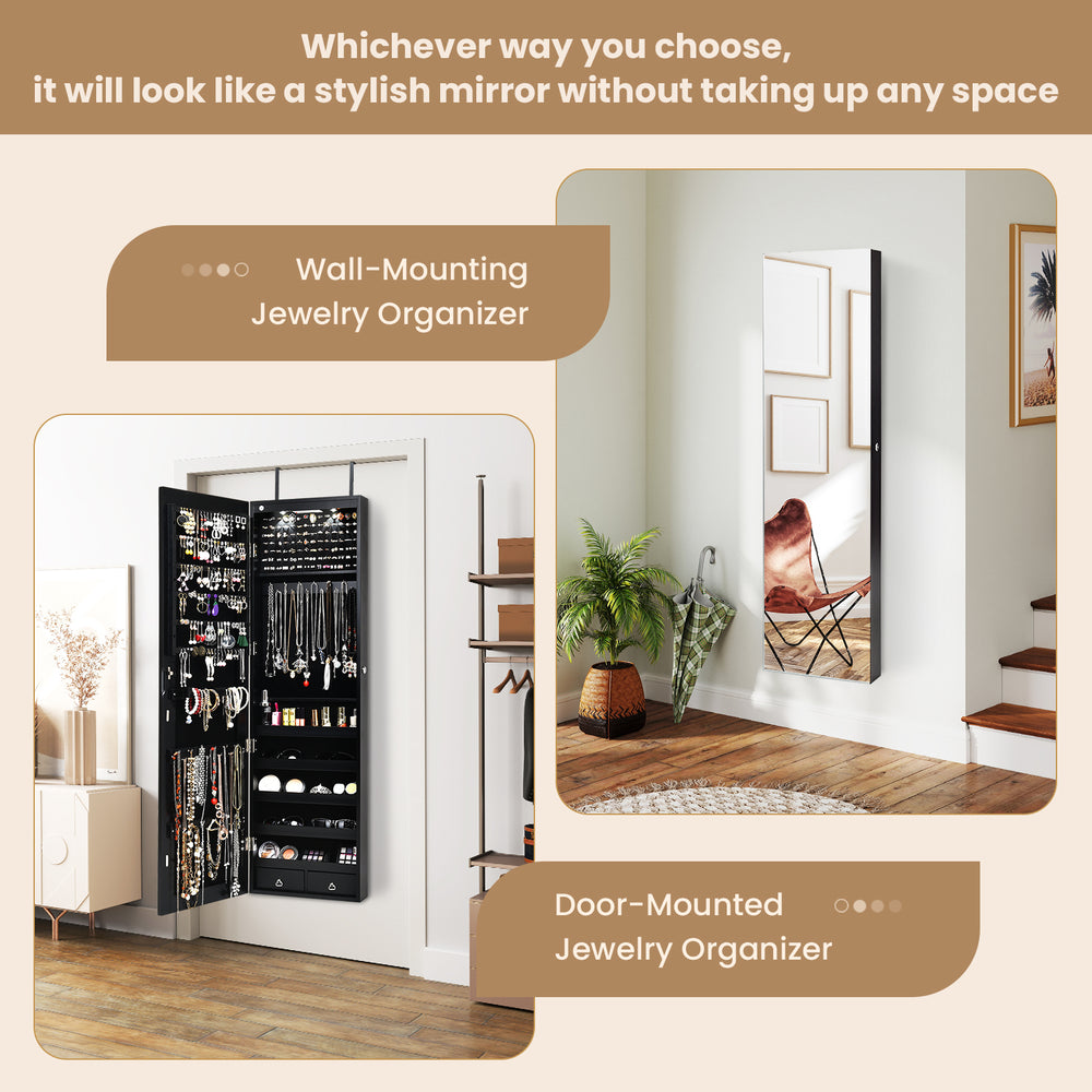 Wall and door-mounted mirrored jewelry cabinet in black with LED lights, spacious storage, and lockable design for.