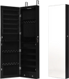 Black wall and door mounted mirrored jewelry cabinet with LED lights, featuring spacious storage and lockable design.