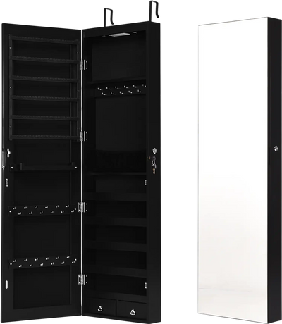 Costway Mirrored Jewelry Armoire Cabinet Wall/Door Mounted w/ Lights 06537491 New