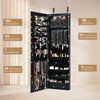 Wall-mounted jewelry cabinet in black with LED lights, featuring 120 earring slots, 98 ring slots, and spacious storage.