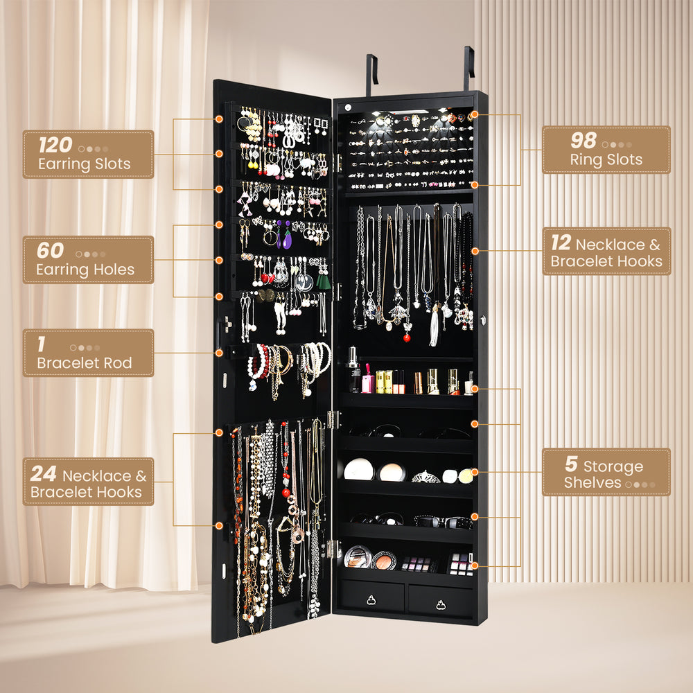 Wall-mounted jewelry cabinet in black with LED lights, featuring 120 earring slots, 98 ring slots, and spacious storage.