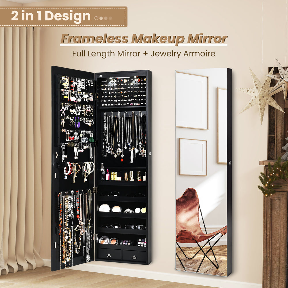 Wall-mounted jewelry cabinet with full-length mirror, featuring LED lights, hooks, and spacious storage for organized.