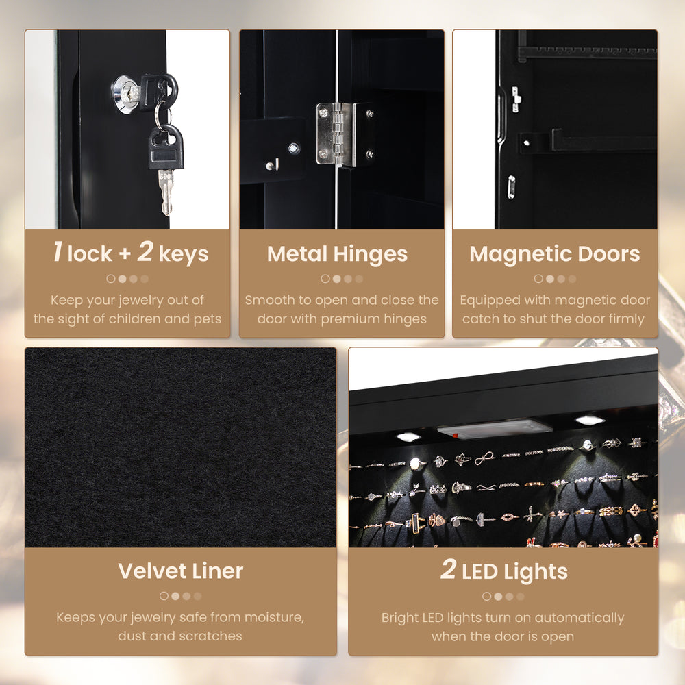 Mirrored jewelry cabinet in black with LED lights, velvet liner, and lockable design for secure storage and.