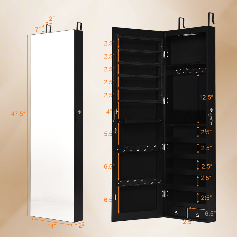 Full-length mirror jewelry cabinet in black with LED lights, featuring spacious storage and lockable design for safety.