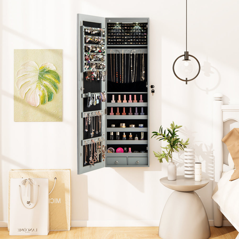 Wall and Door Mounted Mirrored Jewelry Cabinet with Lights-Gray - Gallery View 1 of 10