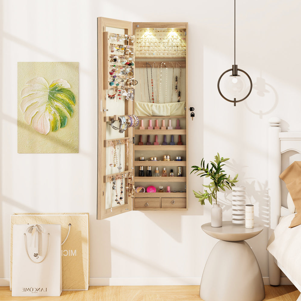 Wall and Door Mounted Mirrored Jewelry Cabinet with Lights-Natural - Gallery View 1 of 10